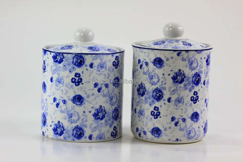 ceramic storage jar with blue & white decal