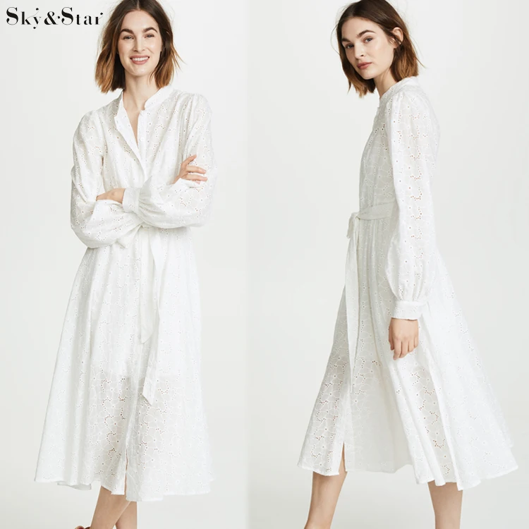 Women casual plain long sleeve embroidered simple white shirt dress with lining
