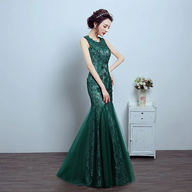 
Q027 Sleeveless Deep Green wedding evening party dress Elegant Lace Mermaid Mother of Bride Dress 