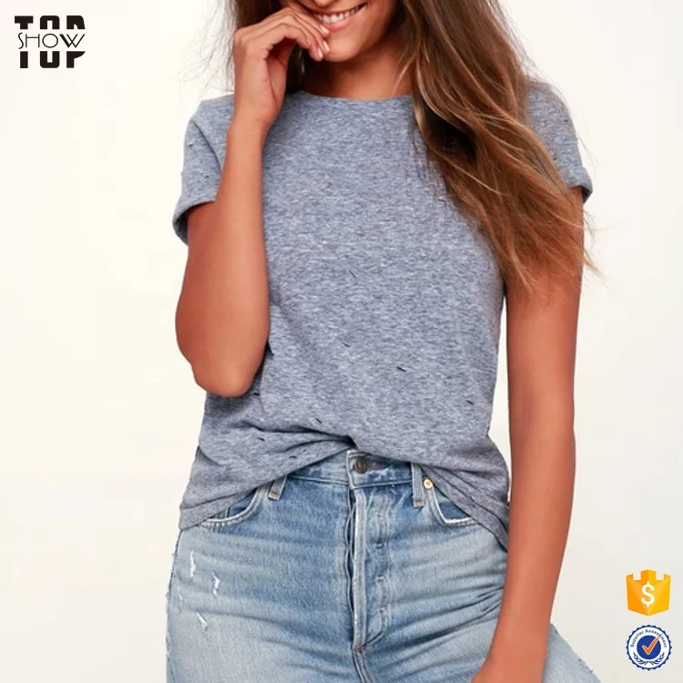 Oem tshirt women short sleeves distressed t-shirt in slate blue