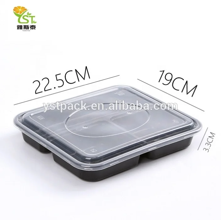 Disposable black plastic pp takeaway square 3-compartment bento lunch box food containers