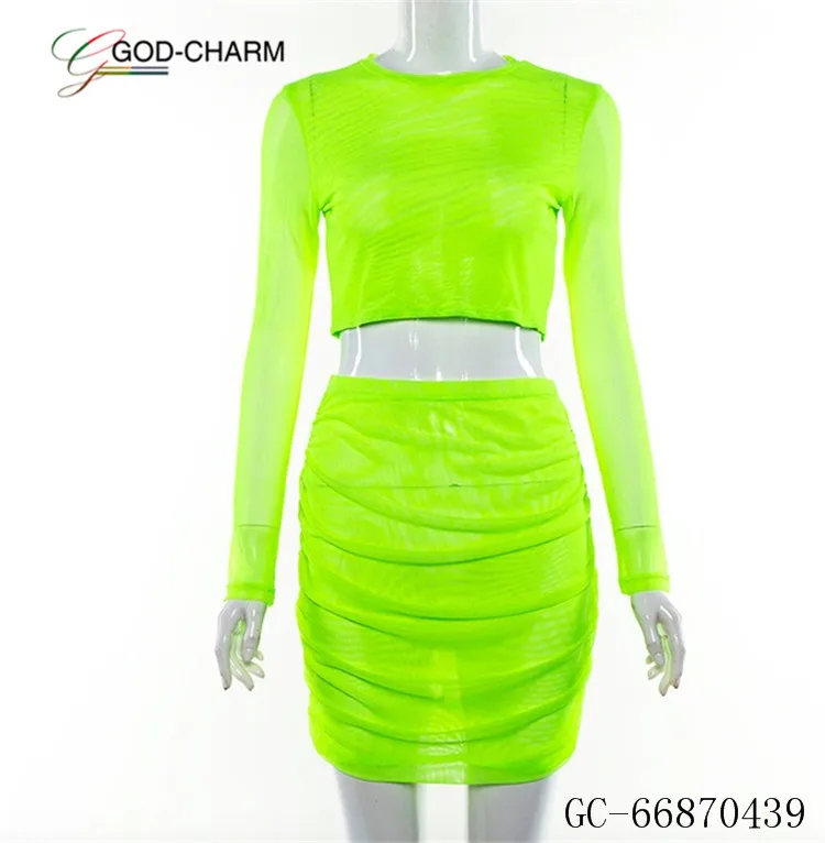 *GC-66870439  2022 new arrivals Neon Green Mesh Sexy fashion Crop Top Women 2 Piece Wholesale Matching Sets Club Outfits