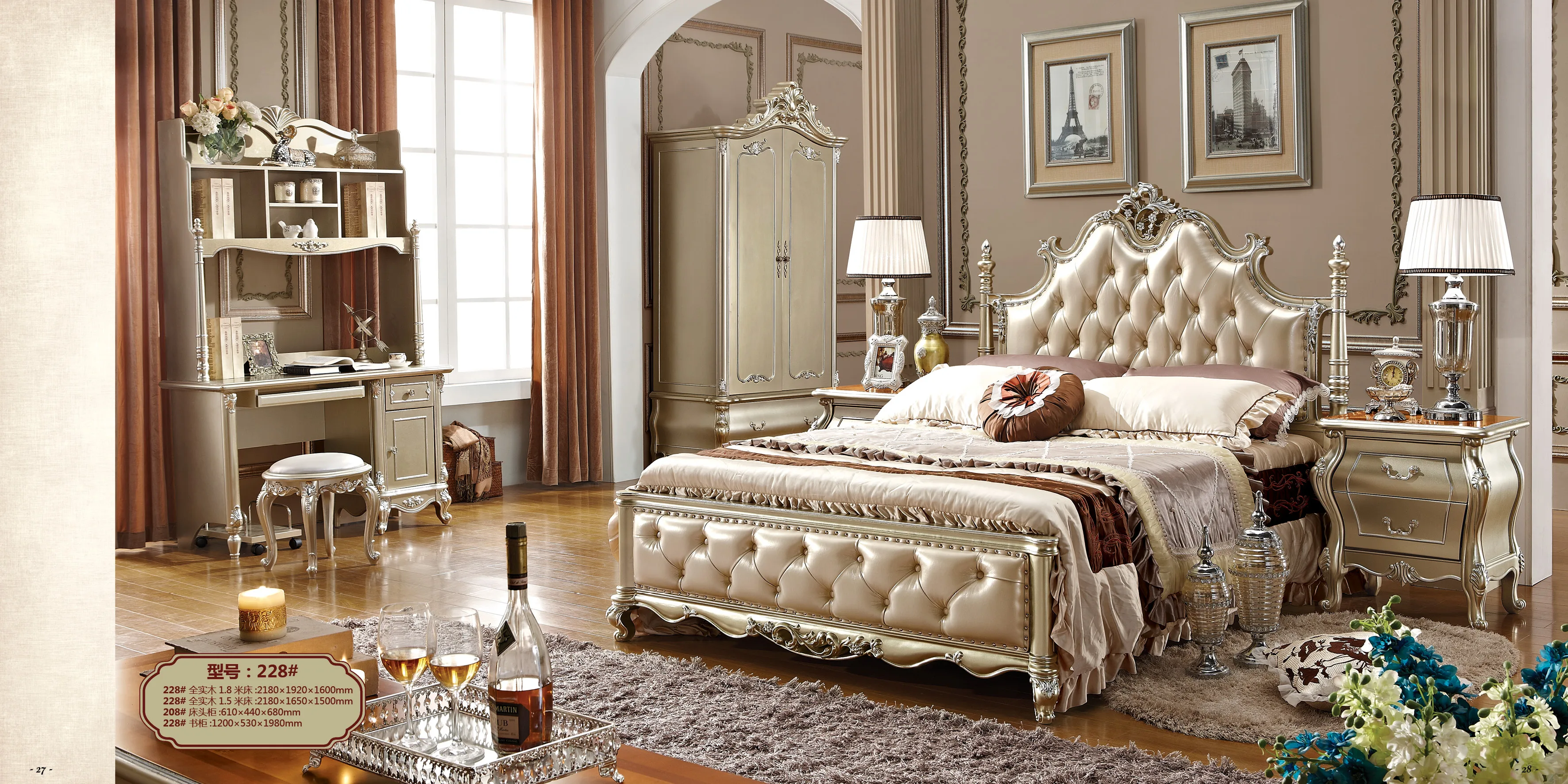 European Antique wedding bedroom set Classic Hand Carved French Luxury  bed design furniture wooden
