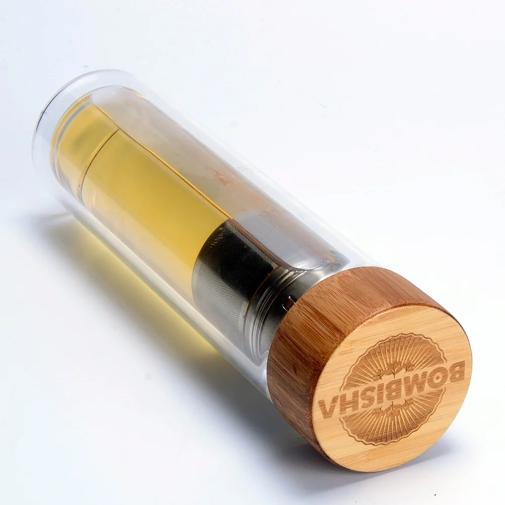  Стеклянная бутылка с двойными стенками для рынка Германии Бамбуковая крышка и инфузер из нержавеющей стали 500 мл