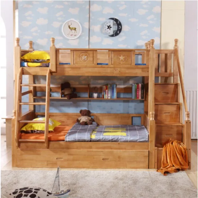 Rustic Style Kids Solid Wood Bunk Beds with Bookshelf High Quality Children Furniture Sets