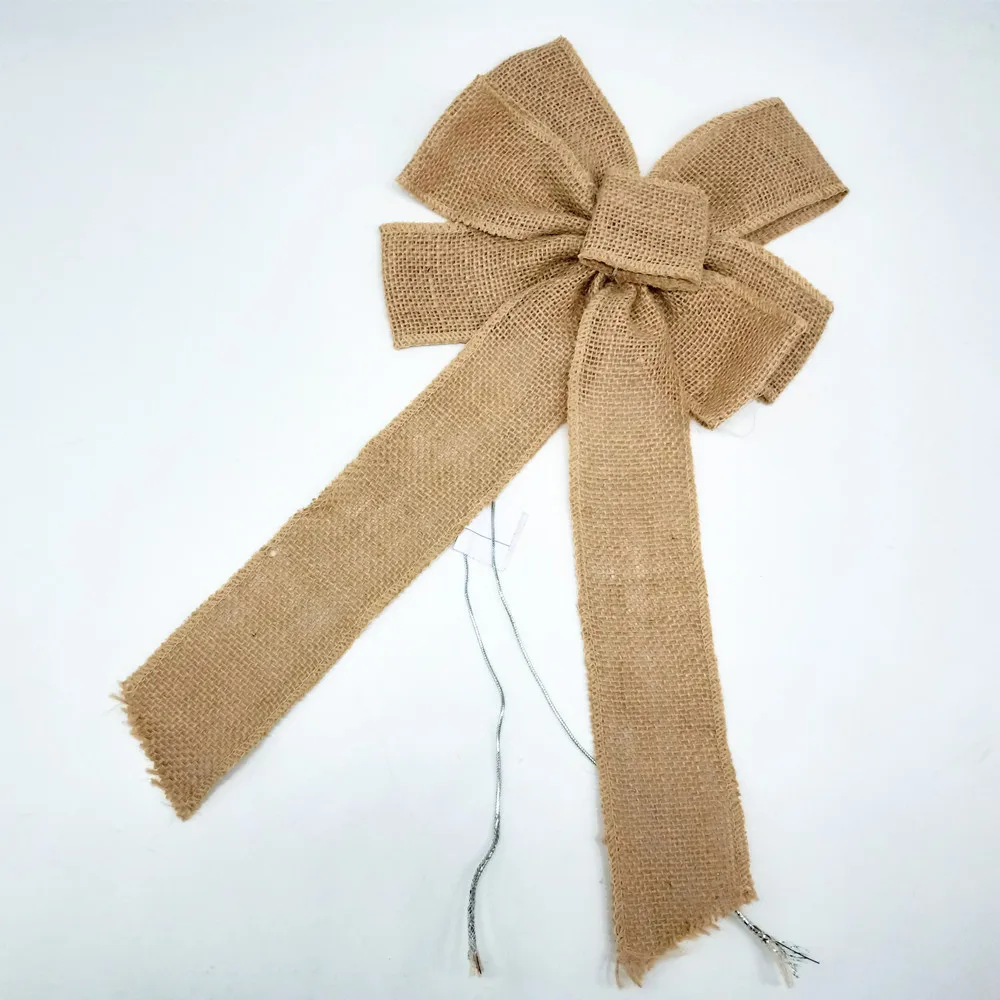 Wholesale Large Decorative Bow Holiday Natural Brulap Pre- Tied Bowknot christmas snowflakes Glow bow tie  With Green Stick