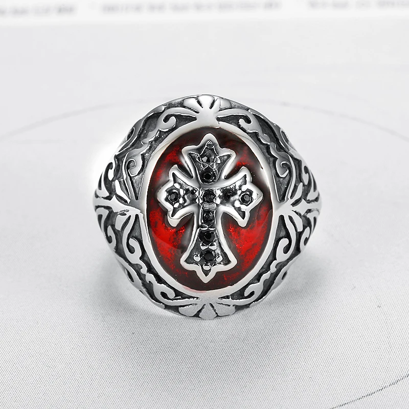 Vintage Stainless Steel Templar Crusader Red Armor Shield Knight Cross Ring for Men Personality Fashion Jewelry