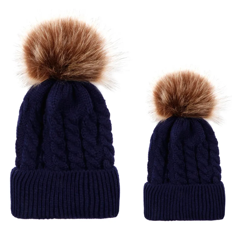 Mom Baby Kid Winter Warm Fox Fur Ball Beanie Hat Mommy boys Mother Daughter Cotton Knitted Parent Child Hat