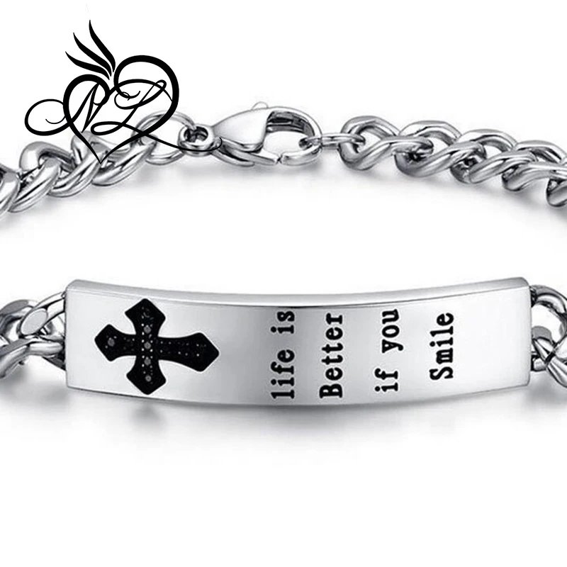 Stainless Steel Cubic Zirconia Cross ID Couple Bracelet Link Chain for Valentine Lover Promise