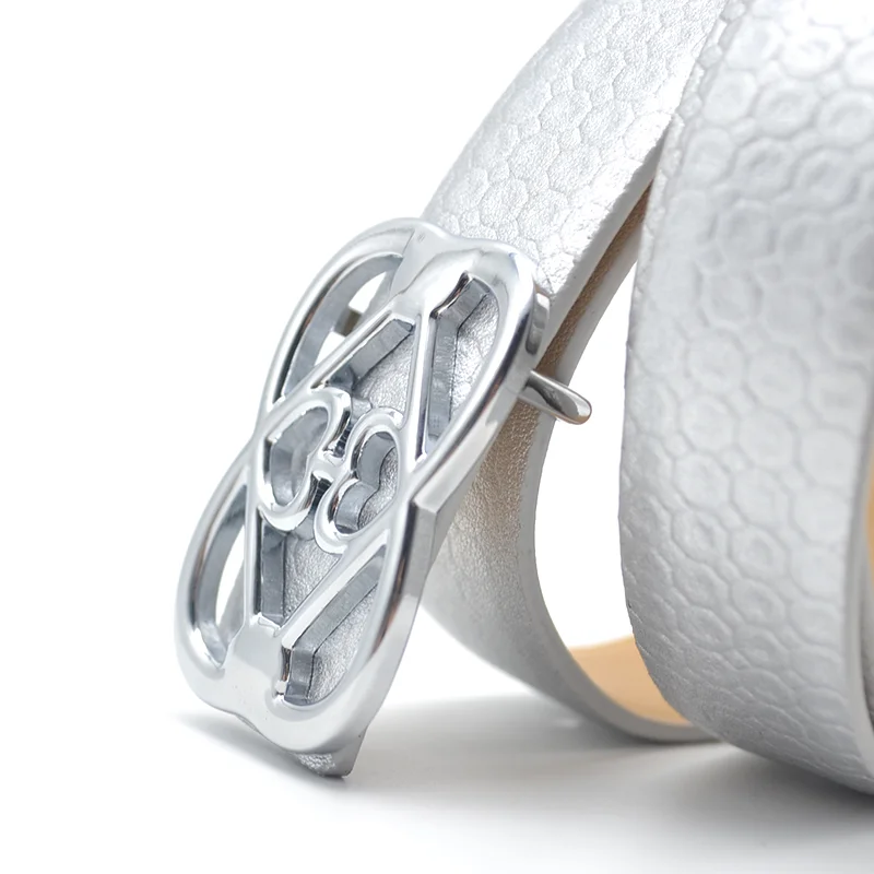 Carosung Wholesale 25mm Custom Pattern Designers Metal Plate Buckle Silver PU Vegan Leather Dress Belts Women Fashion Belt