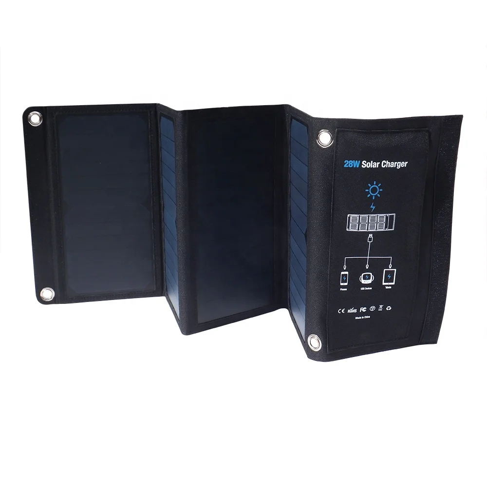 sola-E Portable waterproof fabric fold waterproof ETFE sunpower solar panel 28w foldable solar battery charger for cell phone