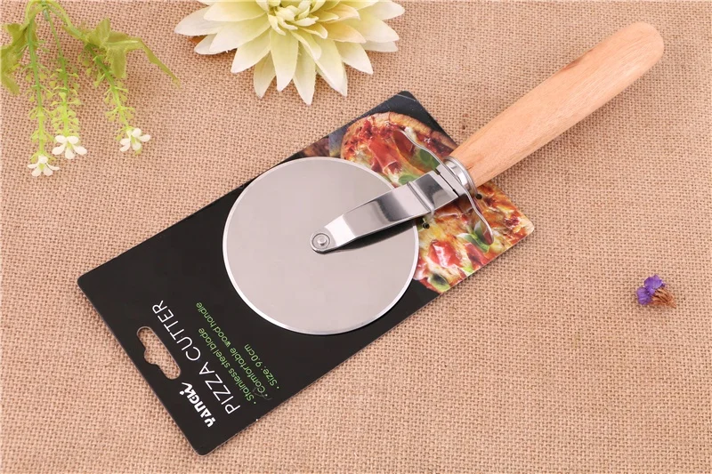 PIZZA CUTTER WOOD HANDLE CAKE KNIFE STAINLESS PIZZA WHEEL