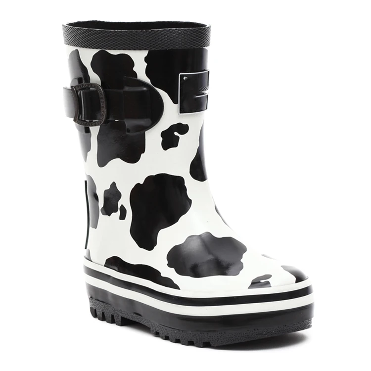 Fancy pattern online shop small moq black white cow print silicone rubber ankle child rain boots wellingtons with side buckle