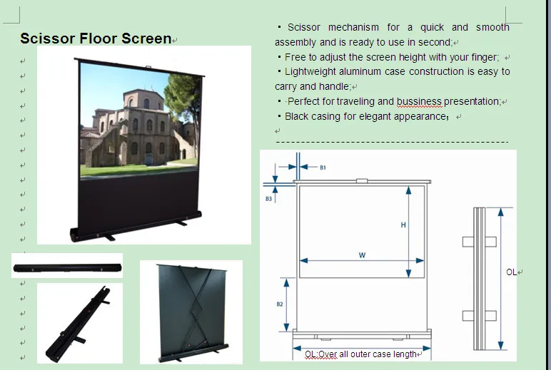 100 inches portable projector screen pull up rising  floor standing projection screen