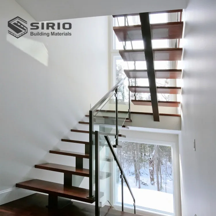 Australian standard mono steel stringer stairs with 40mm thick oak wood treads commercial wooden metal stairs with glass railing