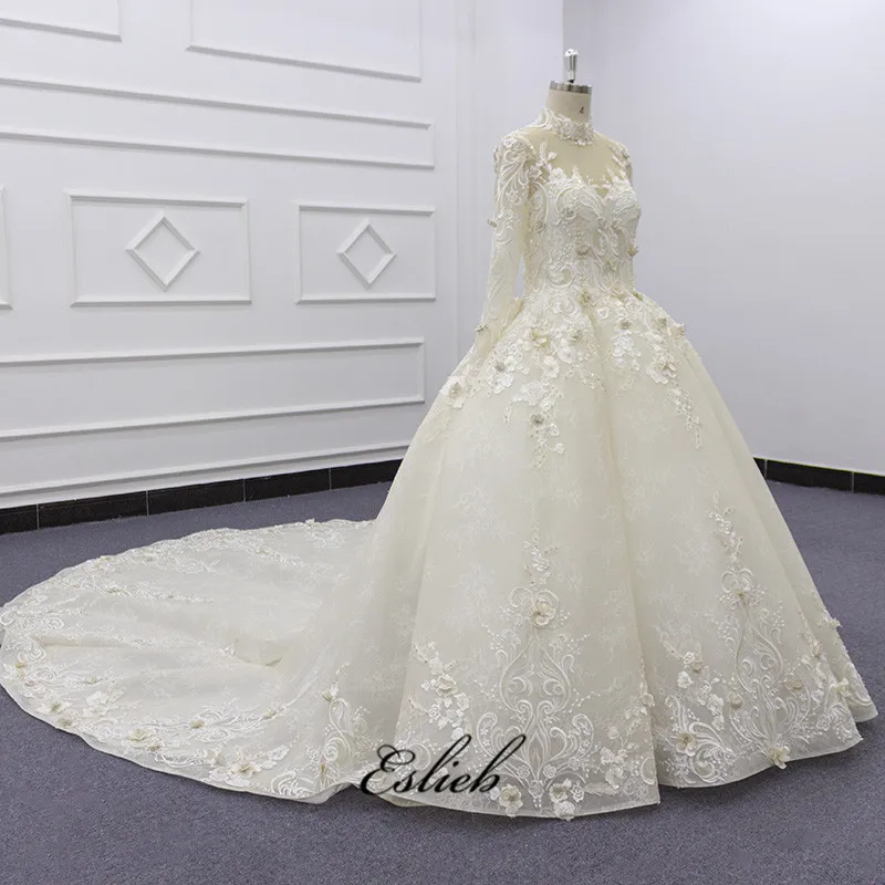 Eslieb SJ196 real photo high neckline champagne heavy beaded  lace pearl lace embroidered muslim  wedding dress