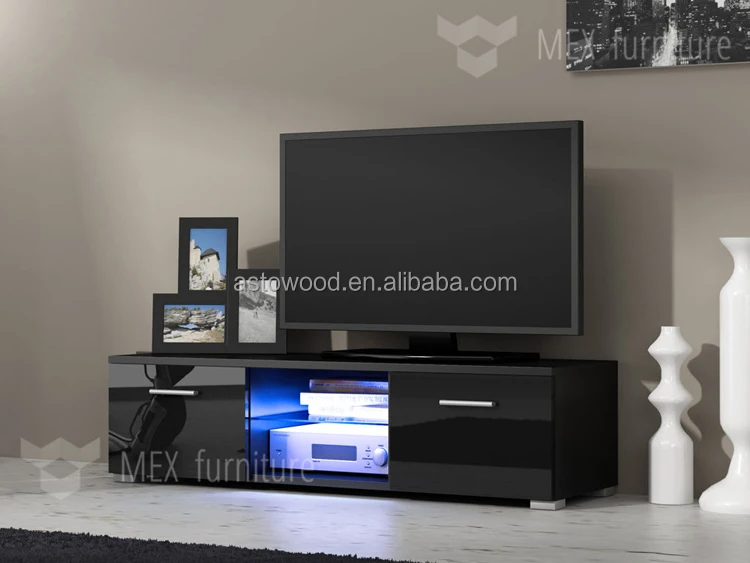 Modern TV Unit Cabinet Stand Black Matt and Black High Gloss Doors FREE LED