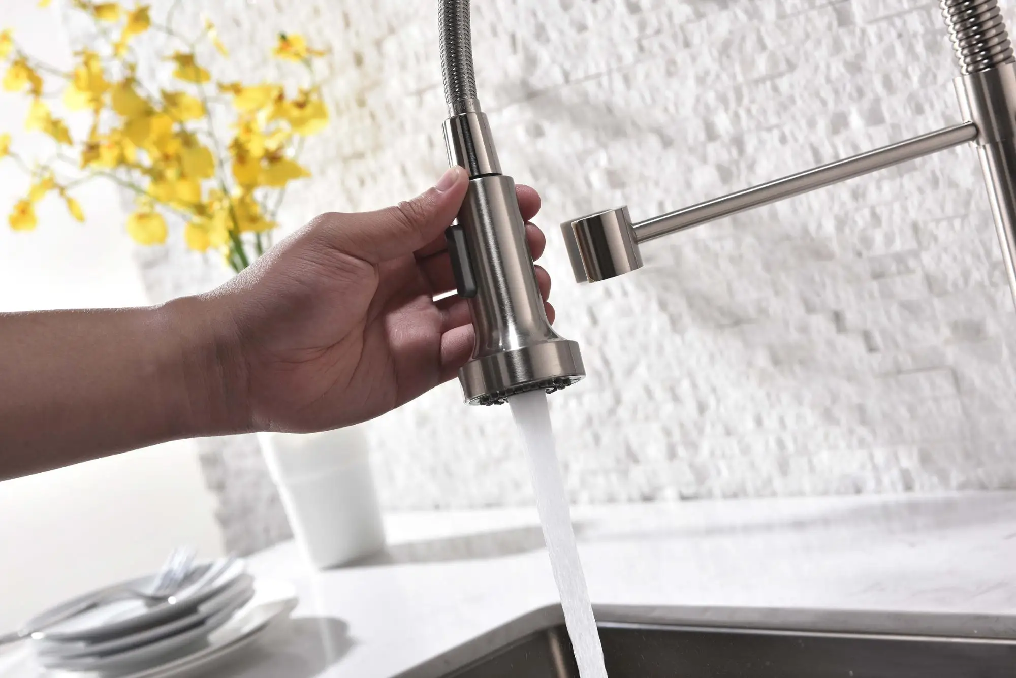 FLG Nickle Brushed Tap Kitchen Griferia Sink Foucet Kitchen Faucet Pull Down CLASSIC Modern Ceramic Wall Mounted Kitchen Faucet