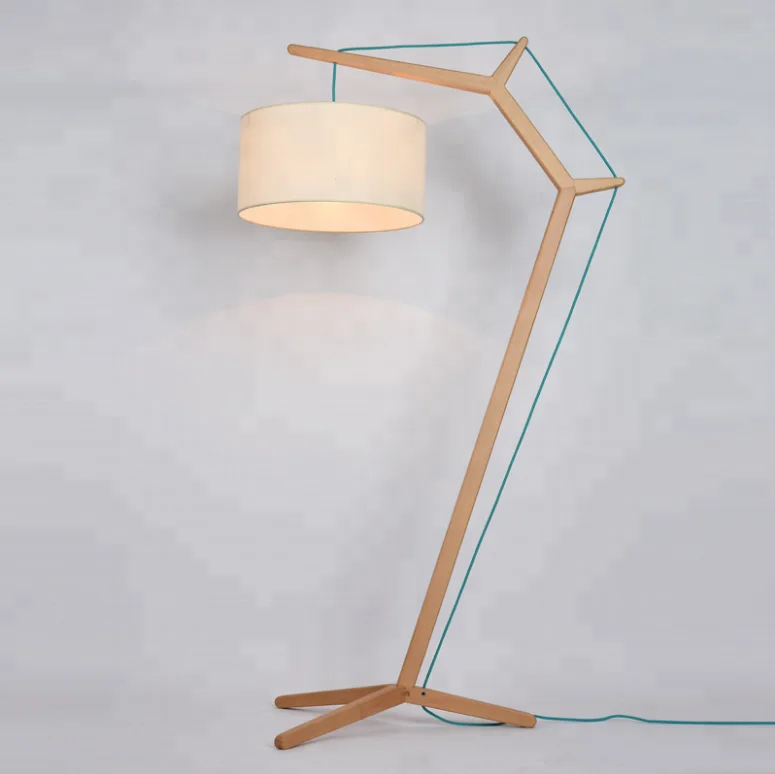 Nortic designer modern natural oak wooden tripod led floor lamp art curved project hotel living room floor lamp