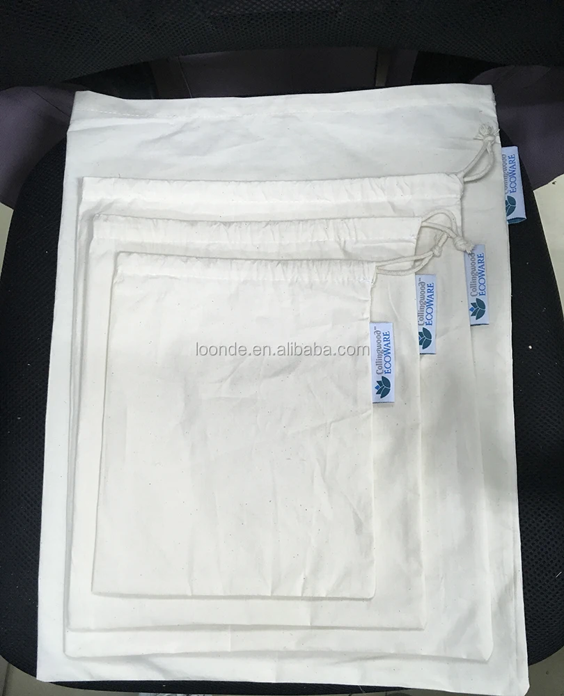 Large premium organic cotton muslin produce storage bag with printed label