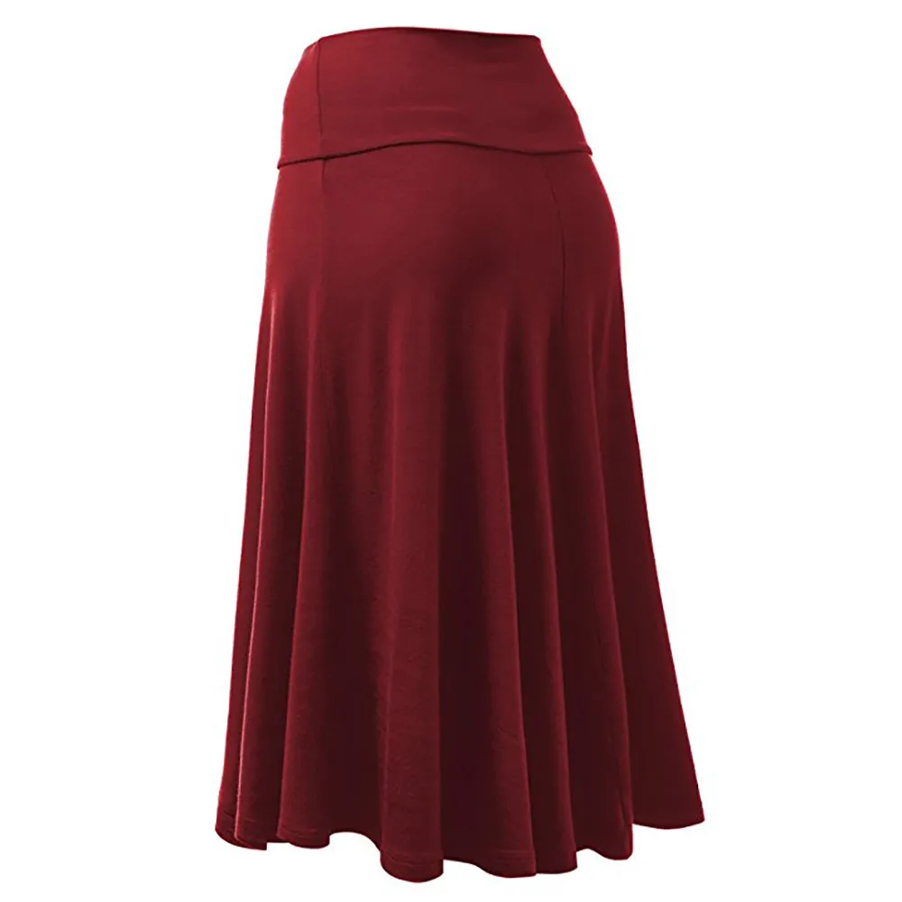Women Ladies Plain Midi High Waist Casual Knee Length Swing Flared Skirt Dress