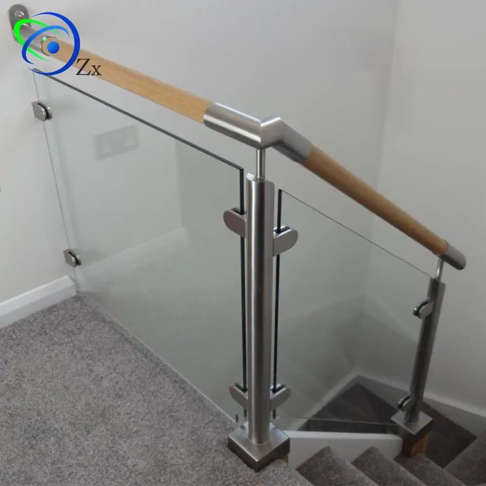 Cheap price Stair glass railings with wood handrail  stainless steel 316 or 30 4 deck balcony balustrade Glass panels