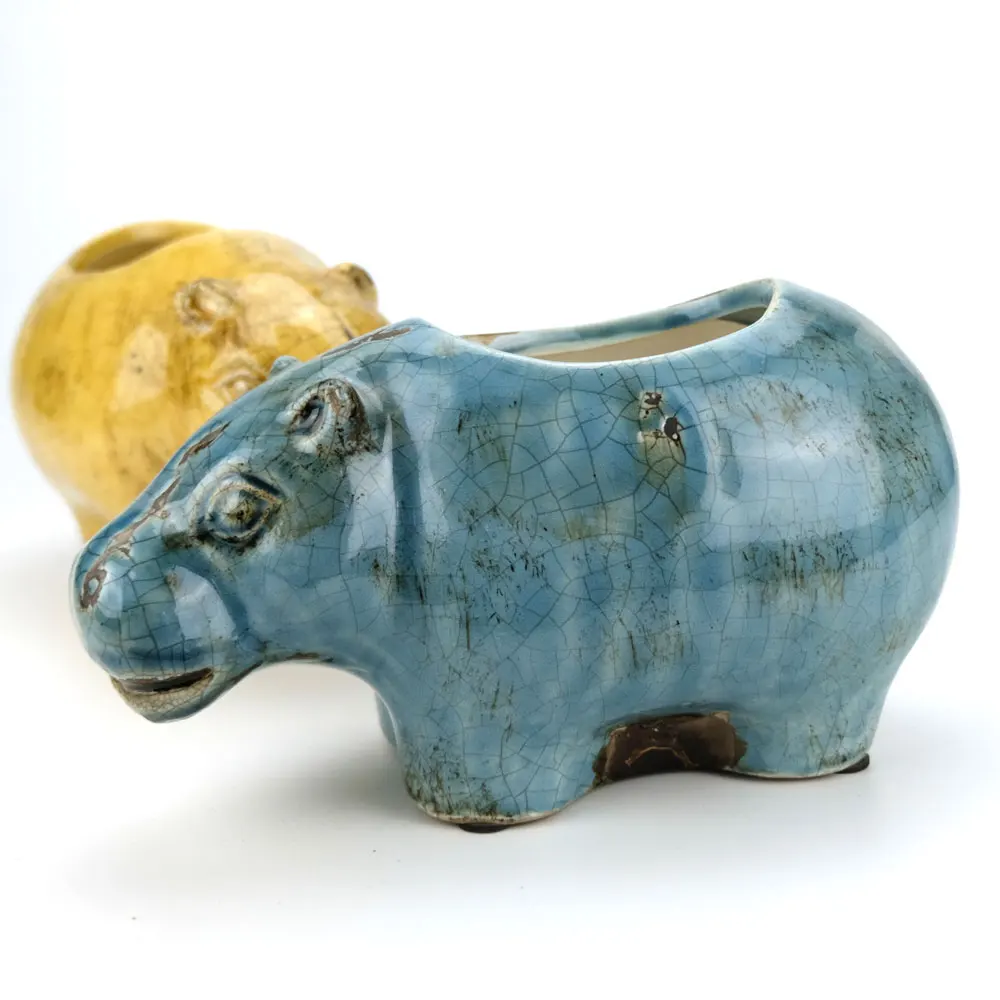 Antique ceramic hippo shaped flower pot, animal shaped planter