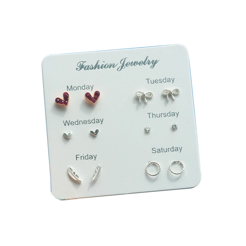 Cute silver needle color-preserving cute ear nail 100 sets of heart feather snowflake stud earing set for women