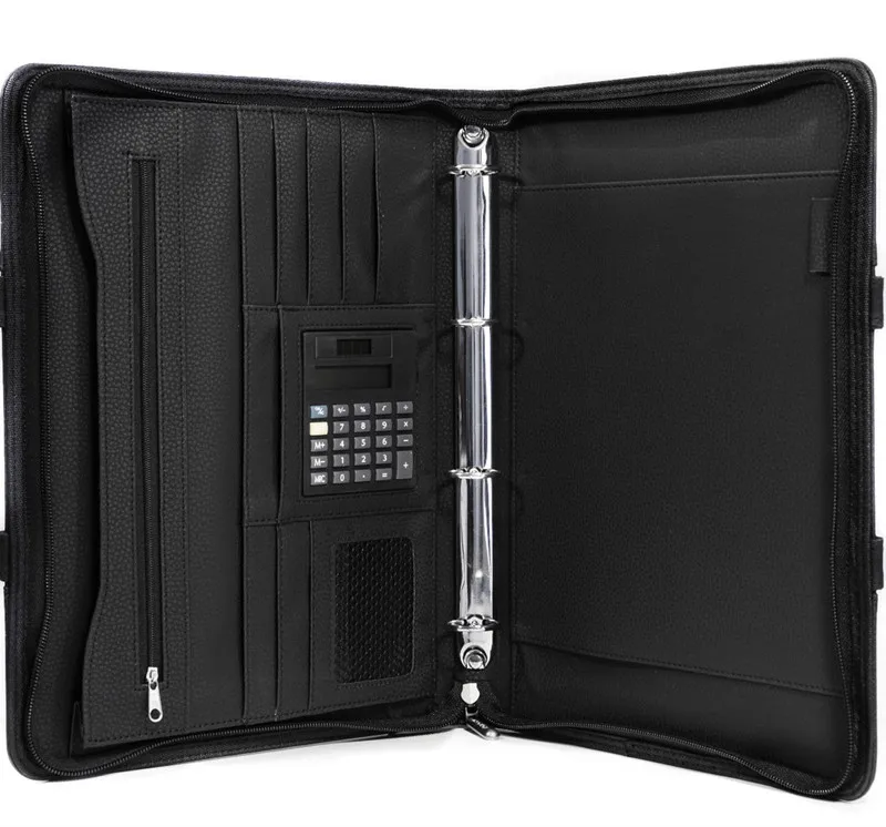 Magnetic Handles A4 Black Compendium 4 Ring Binder File Organizer Leather Portfolio with Calculator