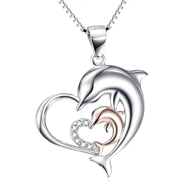Sterling Silver Rose Gold Double Dolphin Love Heart Pendant Necklace
