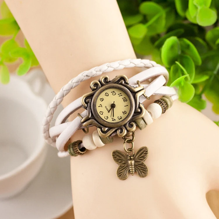 
Western style hand woven butterfly leather cord fancy woman watch bracelet 