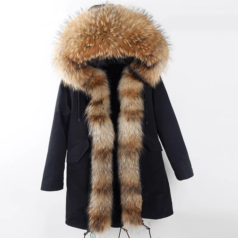Large Real Raccoon Fur Collar Parka Coat Hooded Casual Warm Long Style Custom Parka Jacket Best Quality Womens Parka With Fur