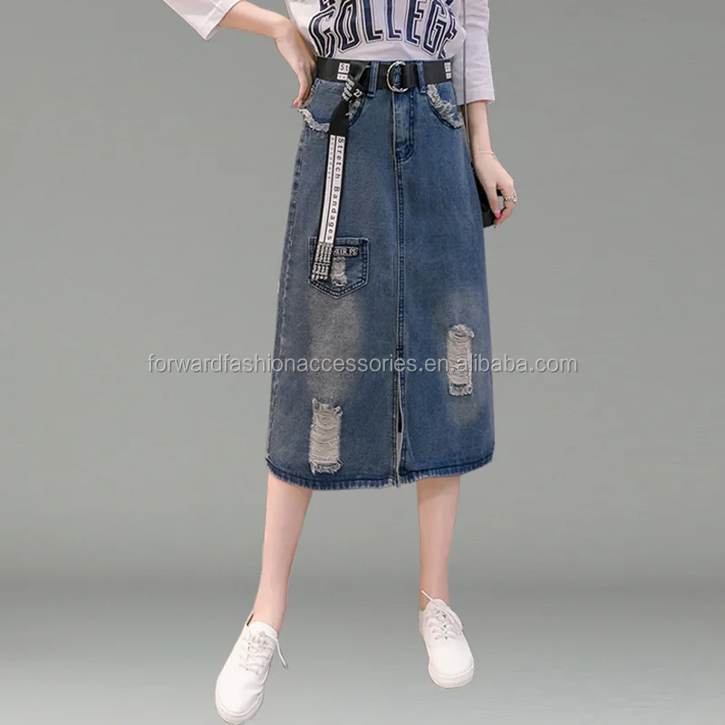 beautiful design cheap wholesale frayed long denim skirt