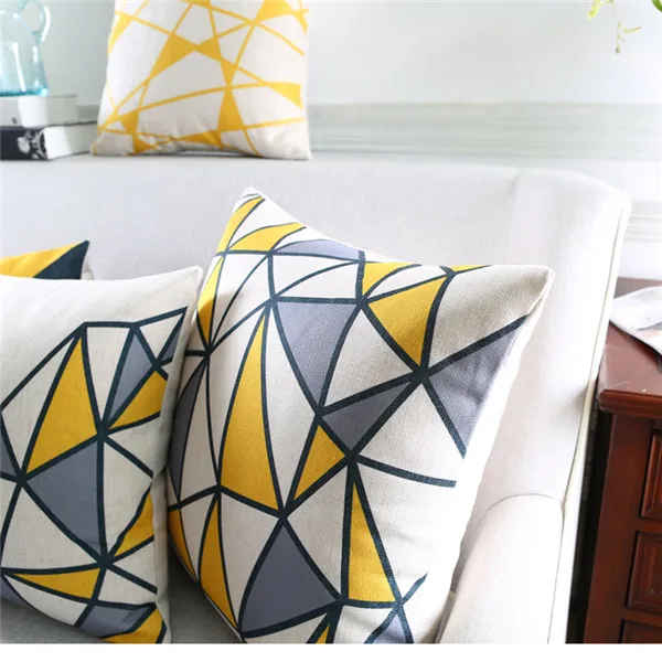 Grey and yellow geometrical velvet printed cushion cover