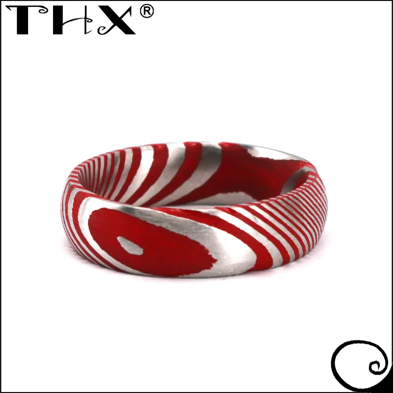 Custom Made Band Marbled Kuro Damascus Steel and Red Cerakote Ring