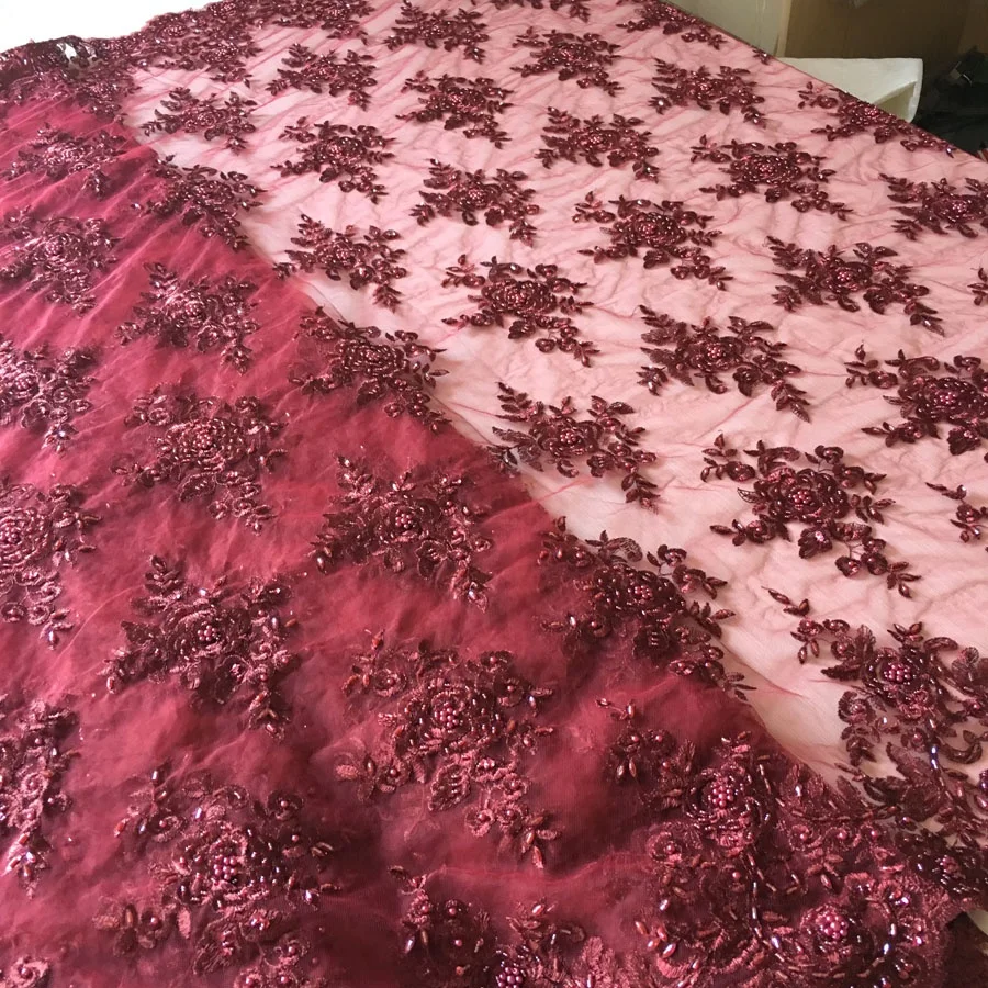 top fashion burgundy beaded tulle lace fabric for dress, metallic hand embroidered fabric