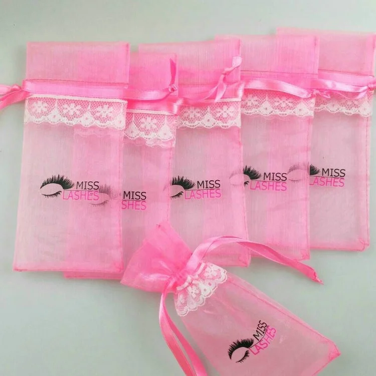 custom organza fabric cosmetic lashes pink bag with white lace