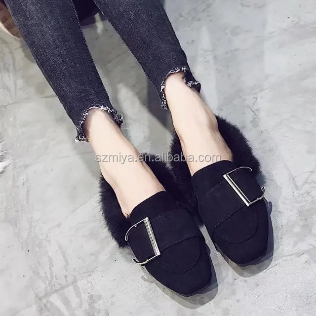 Wholesale women Flats casual Shoes fur loafer leather Mules Shoes Women