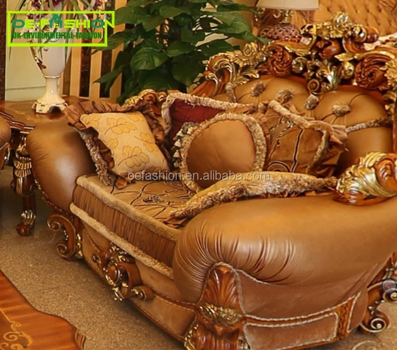 OE-FASHION Luxury Design Hand Carved Home Furniture wooden/Brown Leather Sofa
