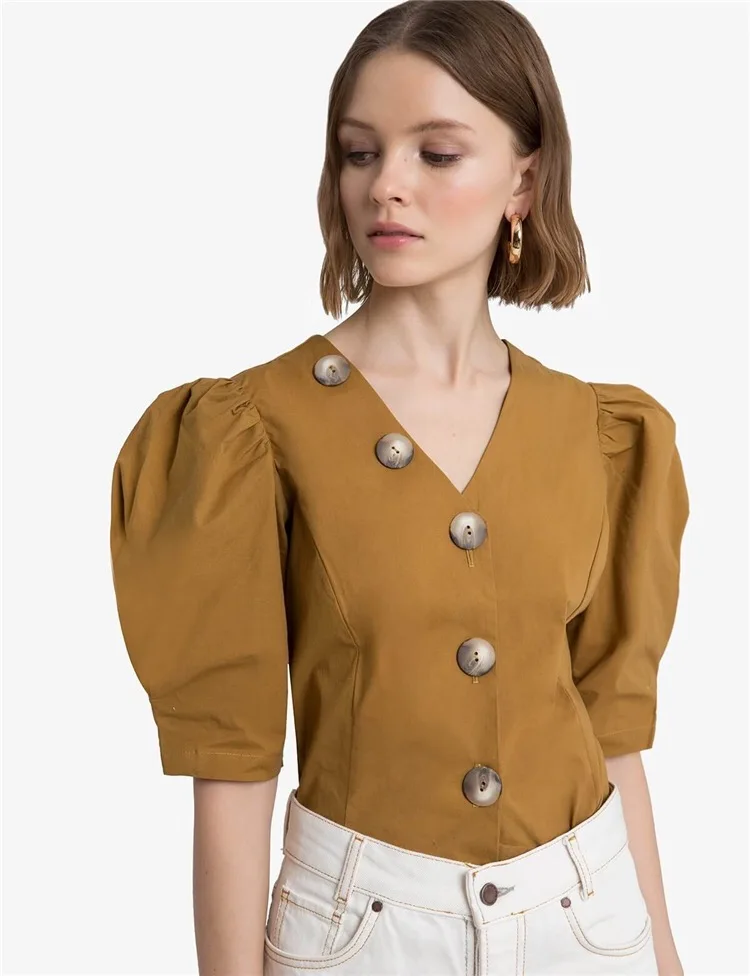 
Cheap Price Women Retro Puffy Sleeve Brown Oversize Buttons Short Blouses Cotton Shirts 
