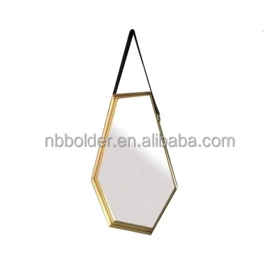 Wholesale contemporary Gothic decorative goemetry gold metal hanging wall coffin mirror with leather belt for living room