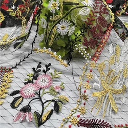 HLPD301 Mesh Custom 3D flower Embroidery Multi Color African Color Tulle Lace Fabric for Dress