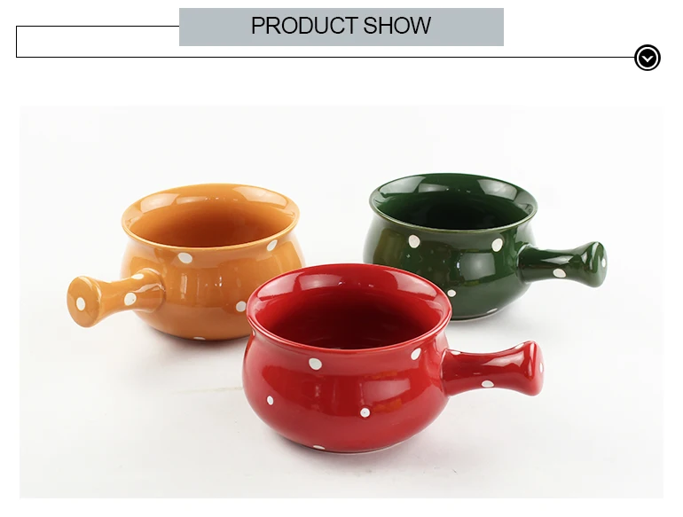 Creativity Stoneware Single Handle Breakfast Salad Bowls Bright Color Dot Design Ceramic Soup Bowl With Handle Oven Safe