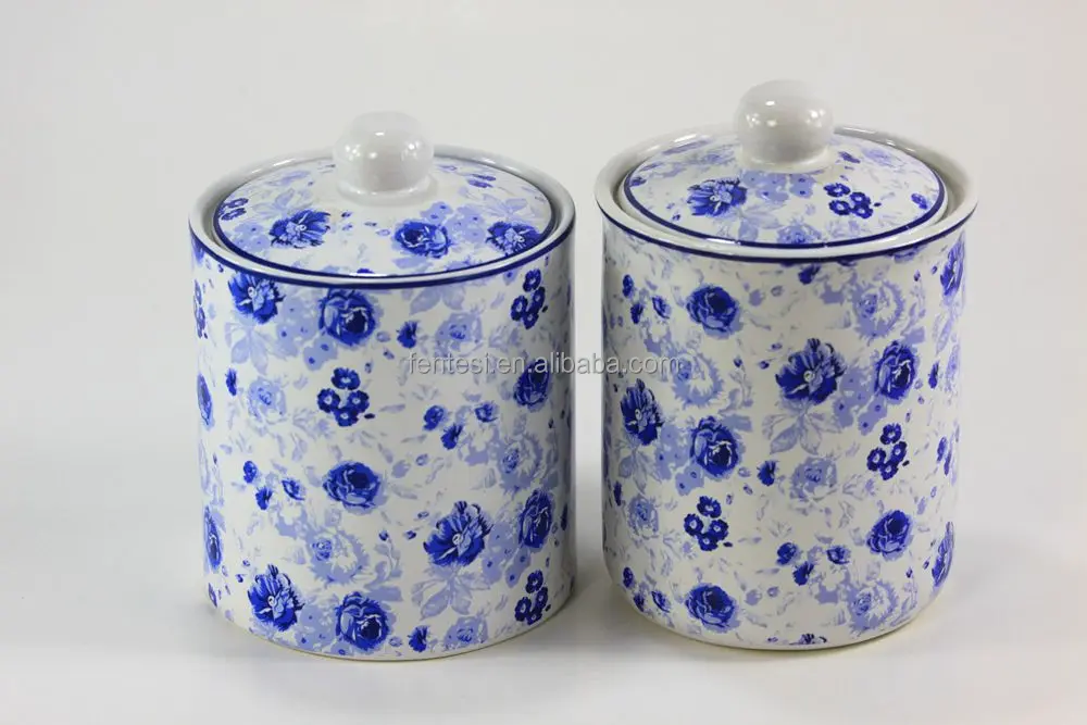 ceramic storage jar with blue & white decal