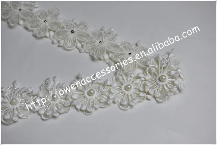 Free Sample Customized Designs 4.5cm Pearl Flower Lace Trim for Clothing