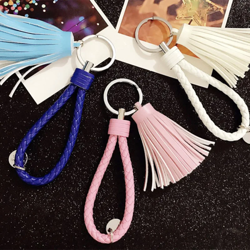 Custom Colorful Blank Pu Leather Tassel Key Chain Metal Ring Holder Keychain With Logo