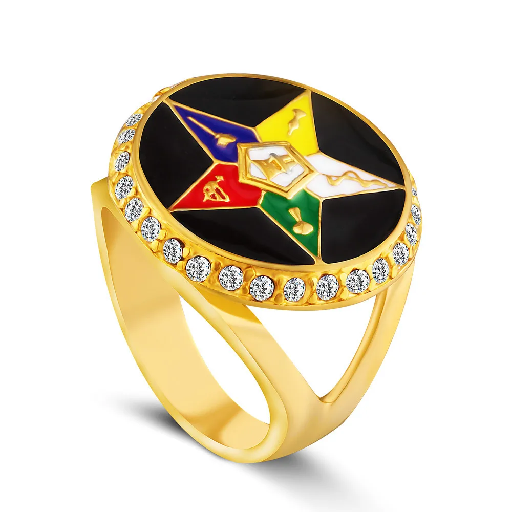 Stock available stainless steel vintage style 18K gold masonic championship ring with zircon diamonds religious ring