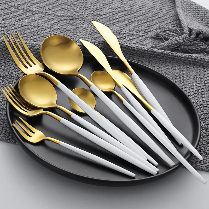 Cubiertos 18/8 Stainless Steel Portugal Cutlery White And Gold Flatware Matte Knife Spoon Fork Set
