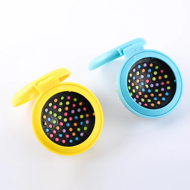 ABS plastic comb black cushion pocket round shape mirror hair brush foldable hairbrush with glass mirror