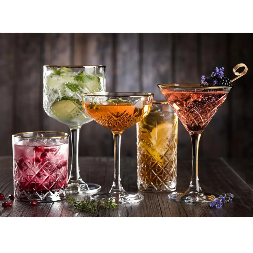 Decorative Double Old Fashioned Tumblers Gold Rim 12.5oz / 355ml